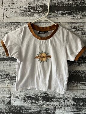 Santa Cruz Skateboards White Tee with Brown Trim and Sunflower Logo
